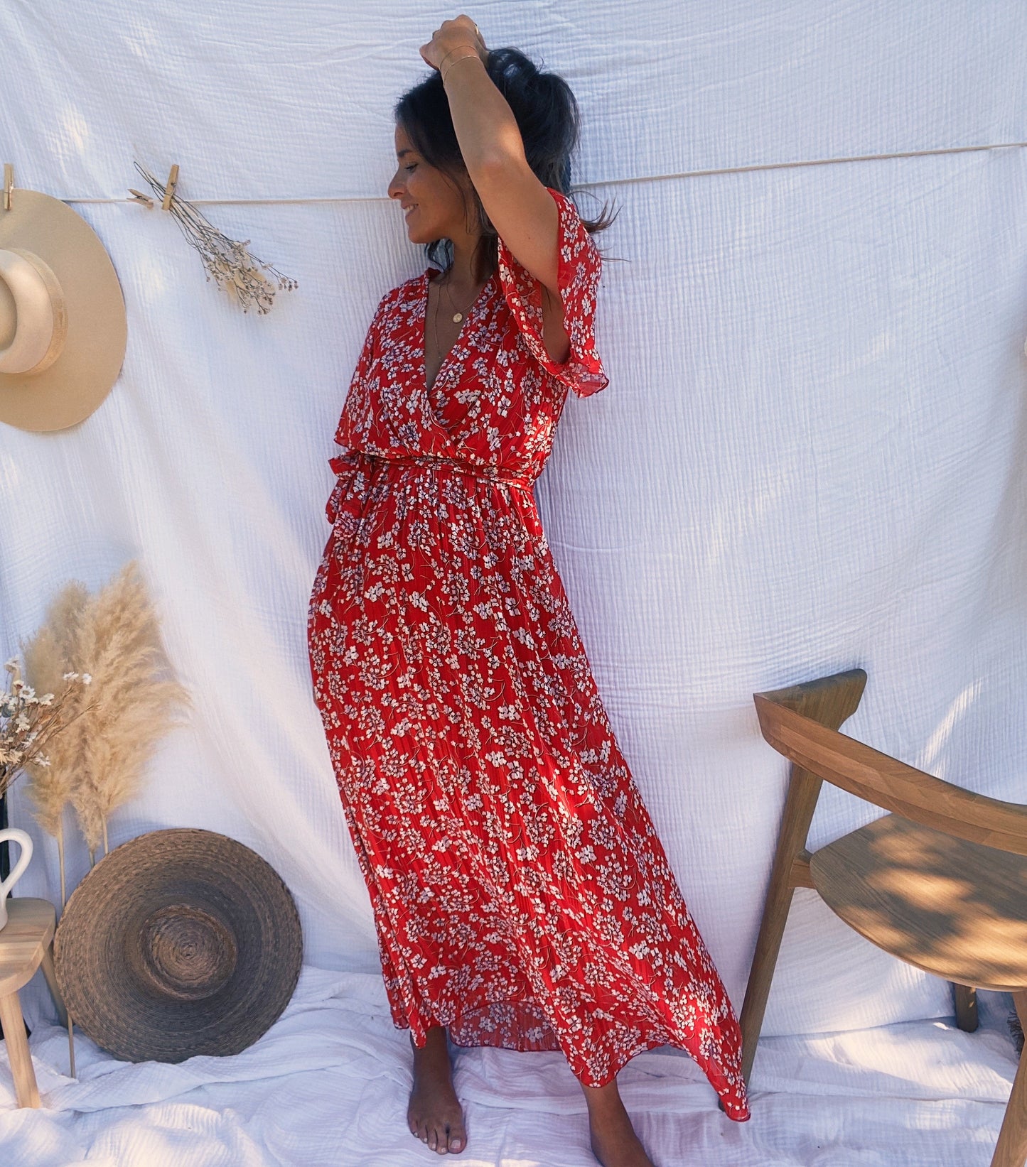 Robe longue Paloma - rouge à fleurs blanches